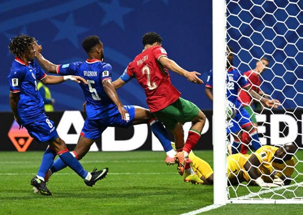 (260625) -- ATLANTA, June 25, 2026 -- Achraf Hakimi (3rd L) of Morocco shoots and scores during the group C match between Morocco and Haiti at the 2026 FIFA World Cup, WM, Weltmeisterschaft, Fussball at Atlanta Stadium in Atlanta, the United States, June 24, 2026. ) (SP)U.S.-ATLANTA-FOOTBALL-FIFA WORLD CUP-GROUP C-MAR VS HTI JuxHuanzong 