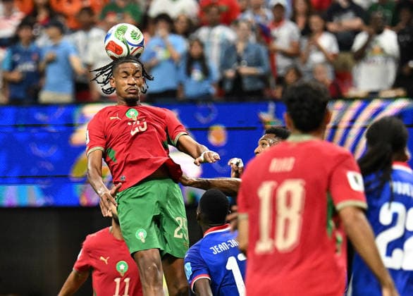 (260625) -- ATLANTA, June 25, 2026 -- Redouane Halhal (1st L) of Morocco jumps for a headball during the group C match between Morocco and Haiti at the 2026 FIFA World Cup, WM, Weltmeisterschaft, Fussball at Atlanta Stadium in Atlanta, the United States, June 24, 2026. ) (SP)U.S.-ATLANTA-FOOTBALL-FIFA WORLD CUP-GROUP C-MAR VS HTI JuxHuanzong 