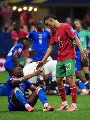 (260625) -- ATLANTA, June 25, 2026 -- Lenny Joseph (L, front) of Haiti interacts with Bilal El Khannouss of Morocco (R, front) during the group C match between Morocco and Haiti at the 2026 FIFA World Cup, WM, Weltmeisterschaft, Fussball at Atlanta Stadium in Atlanta, the United States, June 24, 2026. ) (SP)U.S.-ATLANTA-FOOTBALL-FIFA WORLD CUP-GROUP C-MAR VS HTI JuxHuanzong 