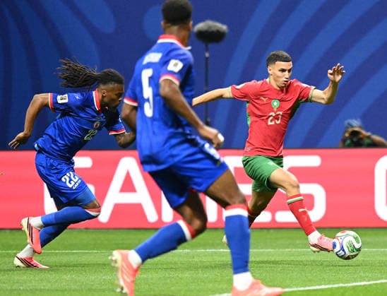 (260625) -- ATLANTA, June 25, 2026 -- Bilal El Khannouss (R) of Morocco competes during the group C match between Morocco and Haiti at the 2026 FIFA World Cup, WM, Weltmeisterschaft, Fussball at Atlanta Stadium in Atlanta, the United States, June 24, 2026. ) (SP)U.S.-ATLANTA-FOOTBALL-FIFA WORLD CUP-GROUP C-MAR VS HTI JuxHuanzong 