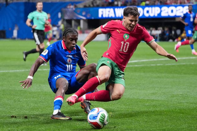 Brahim Diaz of Morocco (R) and Jean-Ricner Bellegarde of Haiti (L) fight for possession during a FIFA Men’s World Cup 2026 Group Stage football match between Morocco and Haiti at Atlanta Stadium, in Atlanta June 24th 2026 (Photo by Alexandra Fechete SPP)  Copyright: xAlexandraxFechete SPPx Sportspressphoto_SPR175971