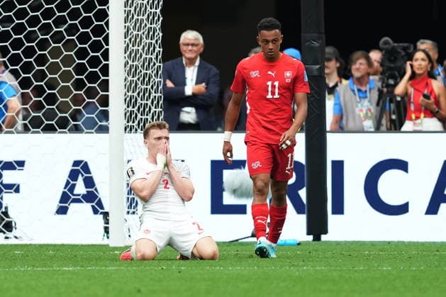June 24, 2026, Vancouver, Bc, CANADA: Canada s Alistair Johnston (2) reacts after a missed opportunity as Switzerland s Dan Ndoye (11) walks by during the second half of a World Cup Group B soccer match, in Vancouver, on Wednesday, June 24, 2026. Canada News - June 24, 2026  - ZUMAc35_ 20260624_zaf_c35_236 Copyright: xEthanxCairnsx