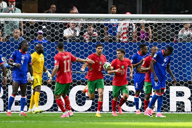 ATLANTA, GA - JUNE 24: Achraf Hakimi 2 of Morocco celebrates his first-half goal during the FIFA World Cup, WM, Weltmeisterschaft, Fussball 2026 Group C match between Morocco and Haiti on June 24th, 2026 at Atlanta Stadium in Atlanta, GA. (Photo by Rich von Biberstein Icon Sportswire) SOCCER: JUN 24 FIFA World Cup 26 Group C - Morocco vs Haiti EDITORIAL USE ONLY Icon260624040