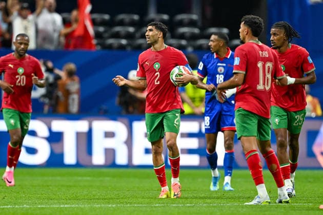 ATLANTA, GA - JUNE 24: Achraf Hakimi 2 of Morocco celebrates his first-half goal during the FIFA World Cup, WM, Weltmeisterschaft, Fussball 2026 Group C match between Morocco and Haiti on June 24th, 2026 at Atlanta Stadium in Atlanta, GA. (Photo by Rich von Biberstein Icon Sportswire) SOCCER: JUN 24 FIFA World Cup 26 Group C - Morocco vs Haiti EDITORIAL USE ONLY Icon260624042