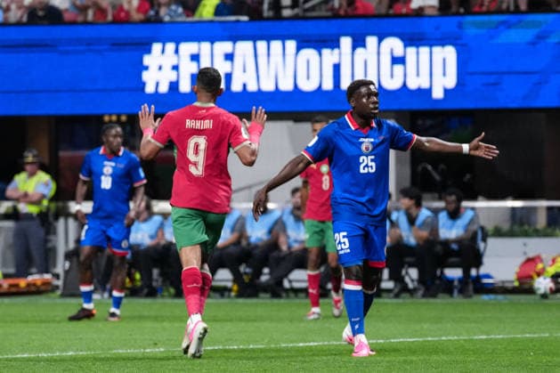 Soufiane Rahimi of Morocco (L) and Dominique Simon of Haiti (R) gesture during a FIFA Men’s World Cup 2026 Group Stage football match between Morocco and Haiti at Atlanta Stadium, in Atlanta June 24th 2026 (Photo by Alexandra Fechete SPP)  Copyright: xAlexandraxFechete SPPx Sportspressphoto_SPR176036