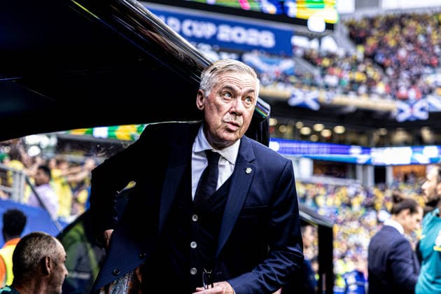 Scotland vs. Brazil MIAMI, FL - 24.06.2026: SCOTLAND VS. BRAZIL - Coach Carlo Ancelotti is watching the match between Brazil and Scotland, valid for the group stage of the 2026 FIFA World Cup, WM, Weltmeisterschaft, Fussball held at Hard Rock Stadium, in Miami Gardens, Florida, United States, this Wednesday (24). (Photo: Danilo Fernandes Fotoarena) x2969722x  DaniloxFernandes
