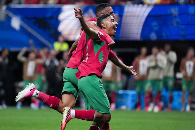 Soufiane Rahimi of Morocco (L) and Gessime Yassine of Morocco (R) celebrate the team s fourth goal during a FIFA Men’s World Cup 2026 Group Stage football match between Morocco and Haiti at Atlanta Stadium, in Atlanta June 24th 2026 (Photo by Alexandra Fechete SPP)  Copyright: xAlexandraxFechete SPPx Sportspressphoto_SPR176056