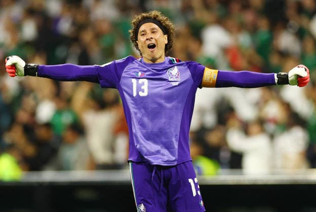 Legendary Mexico goalkeeper Guillermo Ochoa celebrates after their third goal in the second half of a FIFA World Cup, WM, Weltmeisterschaft, Fussball match against Czechia at Mexico City Stadium in Mexico City, Mexico, on Wednesday, June 24, 2026.  MEX20260624818 CHRISTIANxBRUNSKILL