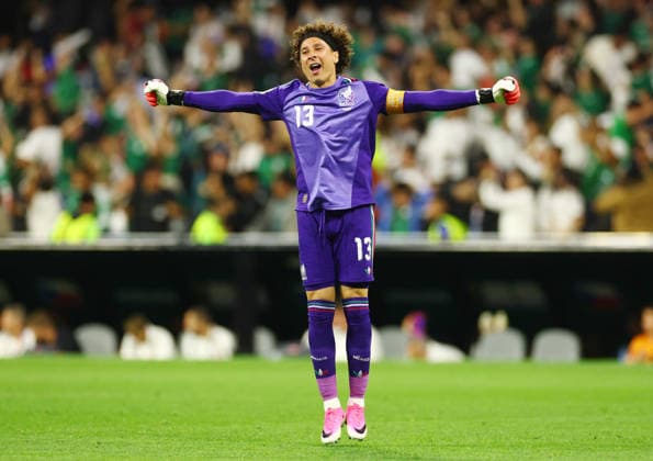 Legendary Mexico goalkeeper Guillermo Ochoa celebrates after their third goal in the second half of a FIFA World Cup, WM, Weltmeisterschaft, Fussball match against Czechia at Mexico City Stadium in Mexico City, Mexico, on Wednesday, June 24, 2026.  MEX20260624819 CHRISTIANxBRUNSKILL