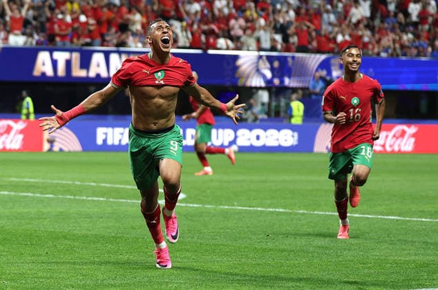 (260625) -- ATLANTA, June 25, 2026 -- Soufiane Rahimi (L) of Morocco celebrates his goal during the group C match between Morocco and Haiti at the 2026 FIFA World Cup, WM, Weltmeisterschaft, Fussball at Atlanta Stadium in Atlanta, the United States, June 24, 2026. ) (SP)U.S.-ATLANTA-FOOTBALL-FIFA WORLD CUP-GROUP C-MAR VS HTI WangxKaiyan 