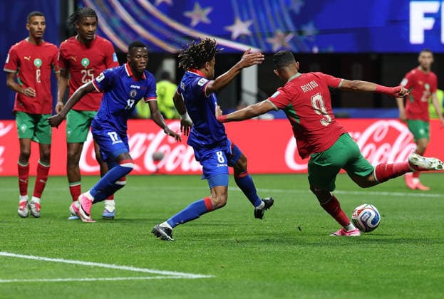 (260625) -- ATLANTA, June 25, 2026 -- Soufiane Rahimi (1st R, front) of Morocco shoots and scores during the group C match between Morocco and Haiti at the 2026 FIFA World Cup, WM, Weltmeisterschaft, Fussball at Atlanta Stadium in Atlanta, the United States, June 24, 2026. ) (SP)U.S.-ATLANTA-FOOTBALL-FIFA WORLD CUP-GROUP C-MAR VS HTI WangxKaiyan 