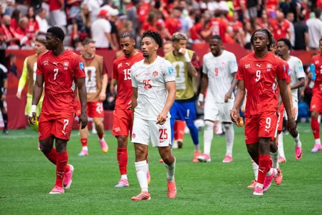 VANCOUVER, CANADA - JUNE 24: Breel Embolo of Switzerland, Nathan Saliba of Canada and Johan Manzambi of Switzerland leave the field at halftime during the FIFA World Cup, WM, Weltmeisterschaft, Fussball 2026 group stage match between Canada and Switzerland at BC Place Vancouver Stadium on June 24, 2026 in Vancouver, British Columbia, Canada.  Copyright: xAmyxElle SPPx Sportspressphoto_SPR176218