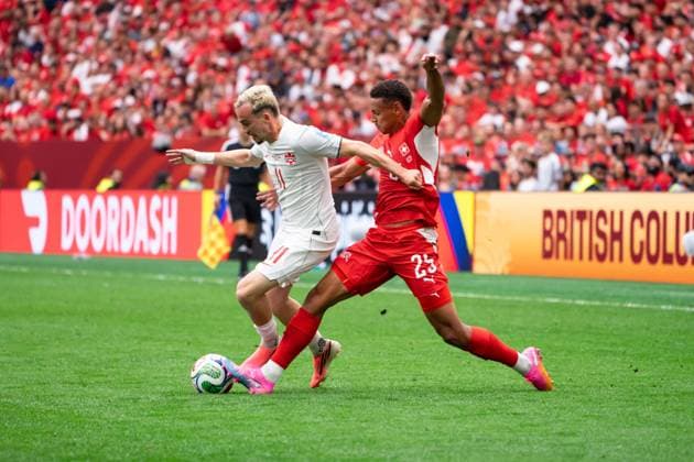 VANCOUVER, CANADA - JUNE 24: Liam Millar of Canada and Luca Jaquez of Switzerland battles for the ball during the FIFA World Cup, WM, Weltmeisterschaft, Fussball 2026 group stage match between Canada and Switzerland at BC Place Vancouver Stadium on June 24, 2026 in Vancouver, British Columbia, Canada.  Copyright: xAmyxElle SPPx Sportspressphoto_SPR176229