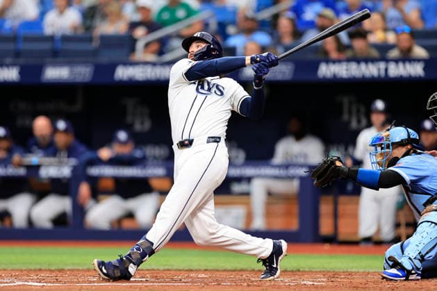 June 24, 2026, St. Petersburg, Florida, USA: Tampa Bay Rays right fielder Ryan Vilade (26) pops out to Kansas City Royals first baseman Jac Caglianone (14) during an MLB, Baseball Herren, USA game on June 24, 2026 at Tropicana Field. The Rays beat the Royals 5-3. MLB 2026: Tampa Bay Rays 5 : 3 Kansas City Royals  - ZUMAh180 20260624_zsp_h180_010 Copyright: xKimxHukarix