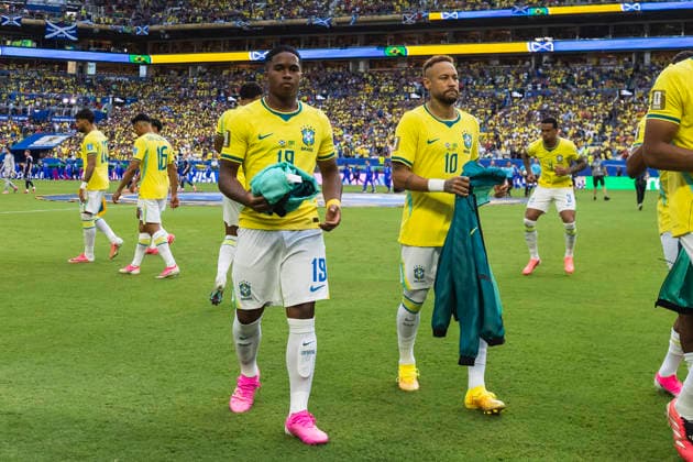 Endrick of Brazil (L) and Neymar of Brazil (R) in action prior to the FIFA World Cup, WM, Weltmeisterschaft, Fussball 2026 Group C match between Brazil vs Scotland at Miami Stadium on June 24th,2026 (Photo by Joao Bravo Sports Press Photo) (Joao Bravo Sports Press Photo SPP)  Copyright: xJoaoxBravo SportsxPressxPhotox xSPPx spp-en-JoBrPrPh-JBF_4525