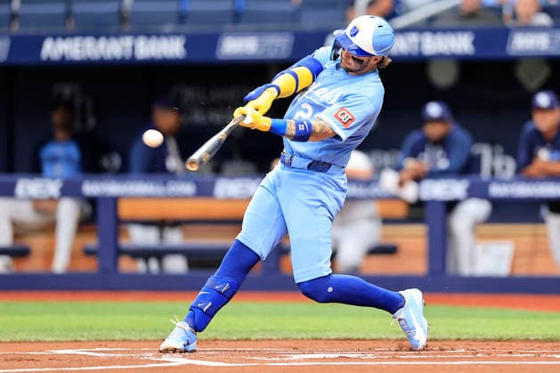 June 24, 2026, St. Petersburg, Florida, USA: Kansas City Royals designated hitter Carter Jensen (22) singles to center field during an MLB, Baseball Herren, USA game against the Tampa Bay Rays on June 24, 2026 at Tropicana Field. The Rays beat the Royals 5-3. MLB 2026: Tampa Bay Rays 5 : 3 Kansas City Royals  - ZUMAh180 20260624_zsp_h180_017 Copyright: xKimxHukarix