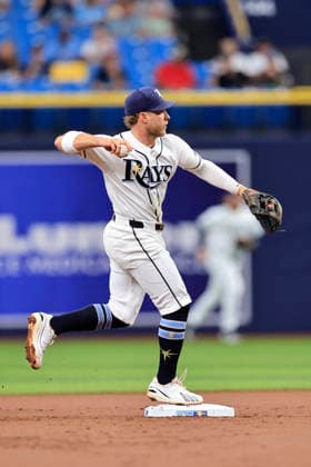 June 24, 2026, St. Petersburg, Florida, USA: Tampa Bay Rays shortstop Taylor Walls (6) fields a ball off the bat of Kansas City Royals catcher Salvador Perez (13) who turns the double play during an MLB, Baseball Herren, USA game on June 24, 2026 at Tropicana Field. The Rays beat the Royals 5-3. MLB 2026: Tampa Bay Rays 5 : 3 Kansas City Royals  - ZUMAh180 20260624_zsp_h180_028 Copyright: xKimxHukarix