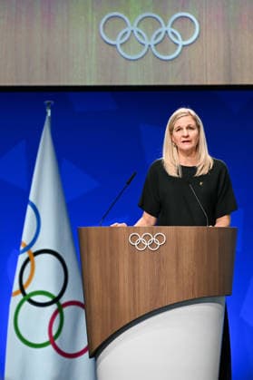 (260625) -- LAUSANNE, June 25, 2026 -- IOC President Kirsty Coventry speaks during the 146th International Olympic Committee (IOC) Session in Lausanne, Switzerland, June 24, 2026. ) (SP)SWITZERLAND-LAUSANNE-146TH IOC SESSION LianxYi 