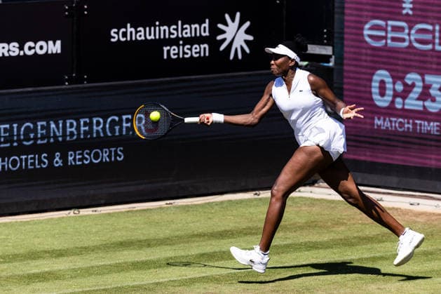 BAD HOMBURG, GERMANY - JUNE 25: Venus Williams (USA) during the Bad Homburg Open powered by Solarwatt Doubles match between Alexandra Eala (PHI) Venus Williams (USA) vs Tereza Mihalikova (SVK) Olivia Nicholls (GBR) at Kurpark Bad Homburg on June 25, 2026 in Bad Homburg, Germany. Hessen Germany Copyright: xSteffiexWunderlx