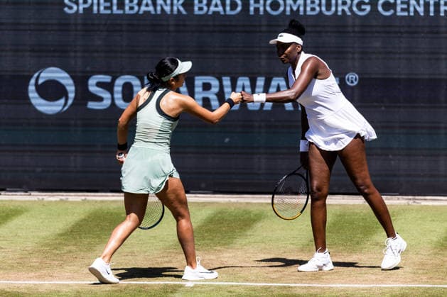 BAD HOMBURG, GERMANY - JUNE 25: Alexandra Eala (PHI) Venus Williams (USA) cheer during the Bad Homburg Open powered by Solarwatt Doubles match between Alexandra Eala (PHI) Venus Williams (USA) vs Tereza Mihalikova (SVK) Olivia Nicholls (GBR) at Kurpark Bad Homburg on June 25, 2026 in Bad Homburg, Germany. Hessen Germany Copyright: xSteffiexWunderlx