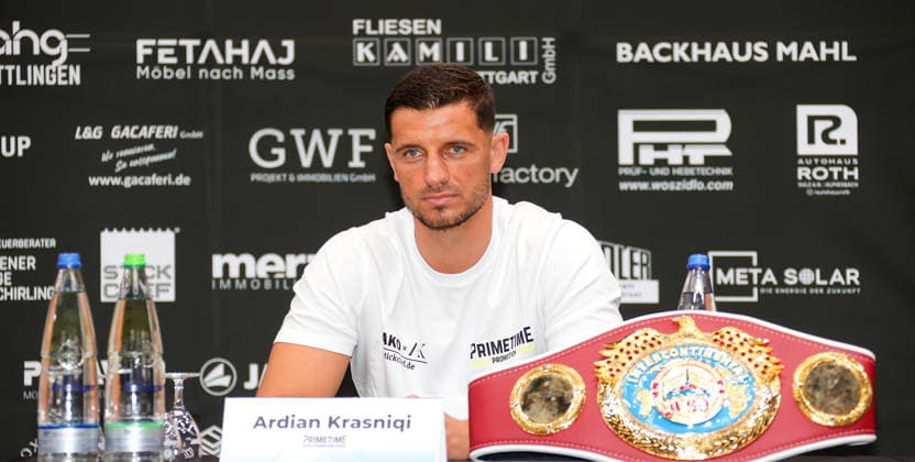 25.06.2026, Deutschland, Ludwigsburg, Boxen Showdown for Legacy IV, Pressekonferenz, Teilnehmer: Ardian Krasniqi *** June 25, 2026, Germany, Ludwigsburg, Boxing Showdown for Legacy IV, Press Conference, Participant: Ardian Krasniqi