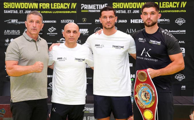 25.06.2026, Deutschland, Ludwigsburg, Boxen Showdown for Legacy IV, Pressekonferenz, Teilnehmer: Team Ardian Krasniqi *** June 25, 2026, Germany, Ludwigsburg, Boxing Showdown for Legacy IV, Press Conference, Participants: Team Ardian Krasniqi