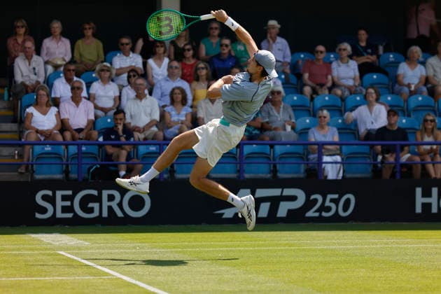 RECORD DATE NOT STATED 25th June 2026; Devonshire Park Lawn Tennis Club, Eastbourne, East Sussex, England; Lexus Eastbourne Open Tennis, Day Five; Toby Samuel (GBR) plays an overhead shot against Juan Manuel Cerundoli (ARG) HongboxChen