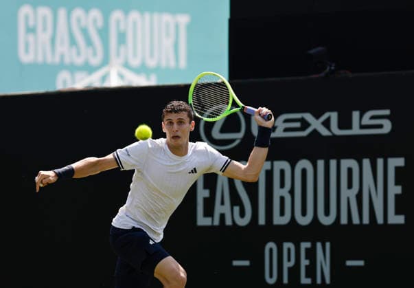 RECORD DATE NOT STATED 25th June 2026; Devonshire Park Lawn Tennis Club, Eastbourne, East Sussex, England; Lexus Eastbourne Open Tennis, Day Five; Juan Manuel Cerundoli (ARG) plays a forehand shot against Toby Samuel (GBR) HongboxChen