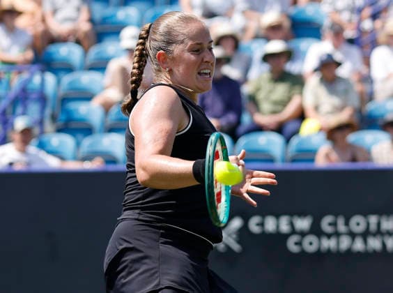 RECORD DATE NOT STATED 25th June 2026; Devonshire Park Lawn Tennis Club, Eastbourne, East Sussex, England; Lexus Eastbourne Open Tennis, Day Five; Jelena Ostapenko (LAT) plays a forehand shot against Zeynep sonmez (TUR) HongboxChen