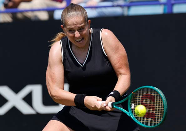 RECORD DATE NOT STATED 25th June 2026; Devonshire Park Lawn Tennis Club, Eastbourne, East Sussex, England; Lexus Eastbourne Open Tennis, Day Five; Jelena Ostapenko (LAT) plays a backhand shot against Zeynep sonmez (TUR) HongboxChen