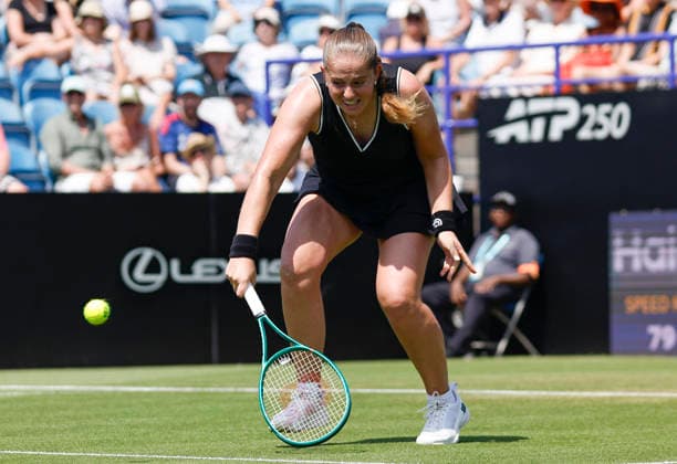 RECORD DATE NOT STATED 25th June 2026; Devonshire Park Lawn Tennis Club, Eastbourne, East Sussex, England; Lexus Eastbourne Open Tennis, Day Five; Jelena Ostapenko (LAT) plays a backhand shot against Zeynep sonmez (TUR) HongboxChen