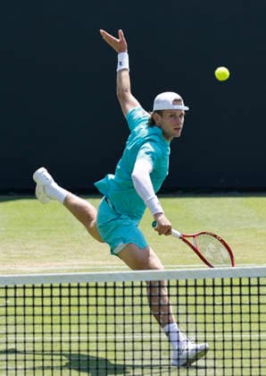 RECORD DATE NOT STATED 25th June 2026; Devonshire Park Lawn Tennis Club, Eastbourne, East Sussex, England; Lexus Eastbourne Open Tennis, Day Five; Zizou Bergs (BEL) plays a backhands shot against Jan Choinski (GBR) HongboxChen