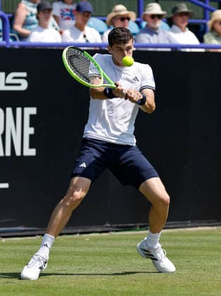 RECORD DATE NOT STATED 25th June 2026; Devonshire Park Lawn Tennis Club, Eastbourne, East Sussex, England; Lexus Eastbourne Open Tennis, Day Five; Juan Manuel Cerundoli (ARG) plays a backhand shot against Toby Samuel (GBR) HongboxChen