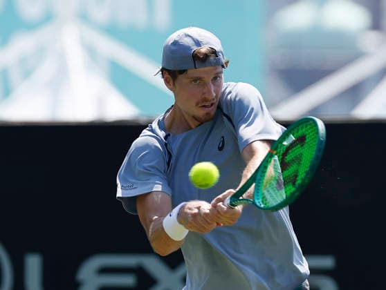 RECORD DATE NOT STATED 25th June 2026; Devonshire Park Lawn Tennis Club, Eastbourne, East Sussex, England; Lexus Eastbourne Open Tennis, Day Five; Toby Samuel (GBR) plays a backhand shot against Juan Manuel Cerundoli (ARG) HongboxChen