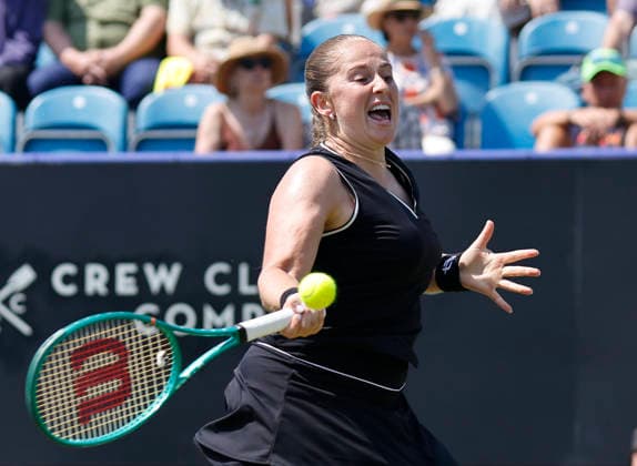 RECORD DATE NOT STATED 25th June 2026; Devonshire Park Lawn Tennis Club, Eastbourne, East Sussex, England; Lexus Eastbourne Open Tennis, Day Five; Jelena Ostapenko (LAT) plays a forehand shot against Zeynep sonmez (TUR) HongboxChen