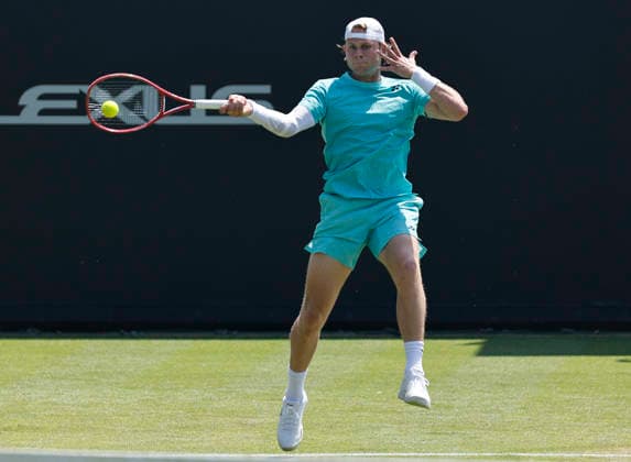 RECORD DATE NOT STATED 25th June 2026; Devonshire Park Lawn Tennis Club, Eastbourne, East Sussex, England; Lexus Eastbourne Open Tennis, Day Five; Zizou Bergs (BEL) plays a forehands shot against Jan Choinski (GBR) HongboxChen