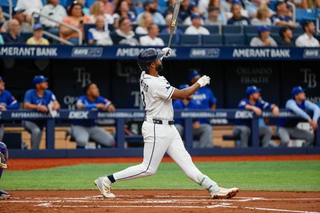 June 25, 2026, St. Petersburg, Florida, USA: Tampa Bay Rays third baseman Junior Caminero (13) hits a two-run homer off of Kansas City Royals pitcher Seth Lugo (67) during the first inning at Tropicana Field on Thursday, June 25, 2026, in St. Petersburg. St. Petersburg USA - ZUMAs70_ 0860023675st Copyright: xJeffereexWoox