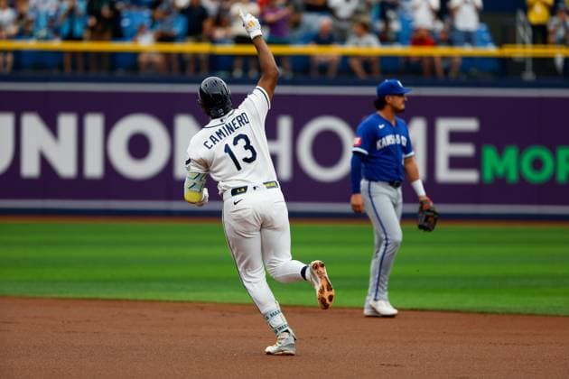 June 25, 2026, St. Petersburg, Florida, USA: Tampa Bay Rays third baseman Junior Caminero (13) celebrates, after he hits a two-run homer off of Kansas City Royals pitcher Seth Lugo (67) during the first inning at Tropicana Field on Thursday, June 25, 2026, in St. Petersburg. St. Petersburg USA - ZUMAs70_ 0860023721st Copyright: xJeffereexWoox
