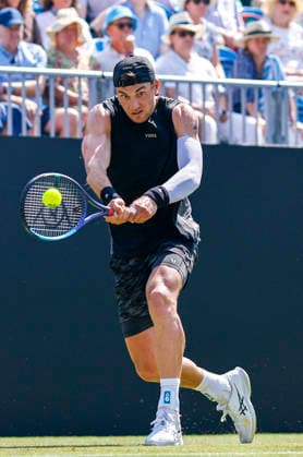 RECORD DATE NOT STATED 25th June 2026; Devonshire Park Lawn Tennis Club, Eastbourne, East Sussex, England; Lexus Eastbourne Open Tennis, Day Five; Jack Draper (GBR) plays a backhand against Gabriel Diallo (CAN) HongboxChen