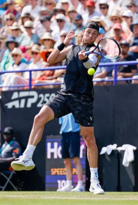 RECORD DATE NOT STATED 25th June 2026; Devonshire Park Lawn Tennis Club, Eastbourne, East Sussex, England; Lexus Eastbourne Open Tennis, Day Five; Jack Draper (GBR) plays a forehand against Gabriel Diallo (CAN) HongboxChen