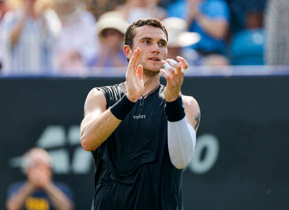 RECORD DATE NOT STATED 25th June 2026; Devonshire Park Lawn Tennis Club, Eastbourne, East Sussex, England; Lexus Eastbourne Open Tennis, Day Five; Jack Draper (GBR) celebrates after defeating Gabriel Diallo (CAN) HongboxChen