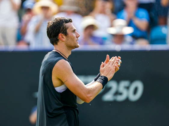 RECORD DATE NOT STATED 25th June 2026; Devonshire Park Lawn Tennis Club, Eastbourne, East Sussex, England; Lexus Eastbourne Open Tennis, Day Five; Jack Draper (GBR) celebrates after defeating Gabriel Diallo (CAN) HongboxChen