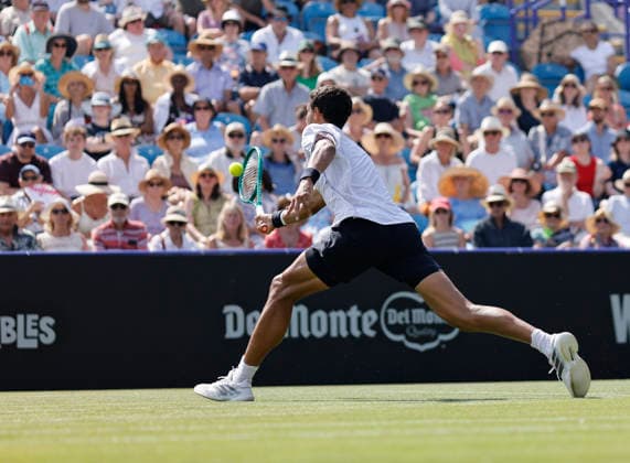 RECORD DATE NOT STATED 25th June 2026; Devonshire Park Lawn Tennis Club, Eastbourne, East Sussex, England; Lexus Eastbourne Open Tennis, Day Five; Gabriel Diallo (CAN) plays a forehand shot against Jack Draper (GBR) HongboxChen