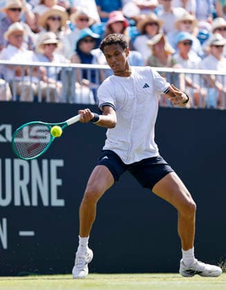 RECORD DATE NOT STATED 25th June 2026; Devonshire Park Lawn Tennis Club, Eastbourne, East Sussex, England; Lexus Eastbourne Open Tennis, Day Five; Gabriel Diallo (CAN) plays a forehand shot against Jack Draper (GBR) HongboxChen