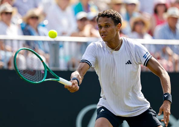 RECORD DATE NOT STATED 25th June 2026; Devonshire Park Lawn Tennis Club, Eastbourne, East Sussex, England; Lexus Eastbourne Open Tennis, Day Five; Gabriel Diallo (CAN) plays a forehand shot against Jack Draper (GBR) HongboxChen