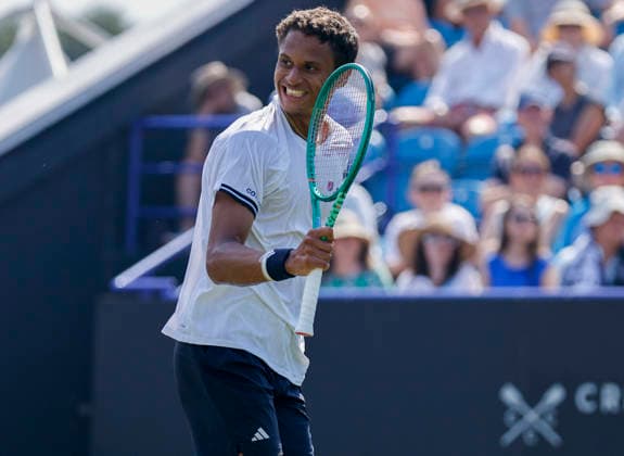 RECORD DATE NOT STATED 25th June 2026; Devonshire Park Lawn Tennis Club, Eastbourne, East Sussex, England; Lexus Eastbourne Open Tennis, Day Five; Gabriel Diallo (CAN) shows emotion in the match against Jack Draper (GBR) HongboxChen
