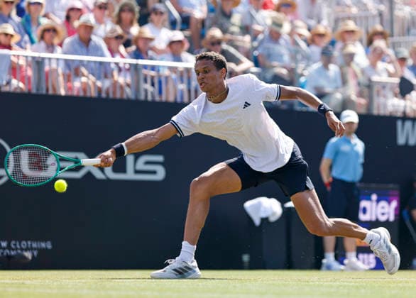 RECORD DATE NOT STATED 25th June 2026; Devonshire Park Lawn Tennis Club, Eastbourne, East Sussex, England; Lexus Eastbourne Open Tennis, Day Five; Gabriel Diallo (CAN) plays a forehand shot against Jack Draper (GBR) HongboxChen