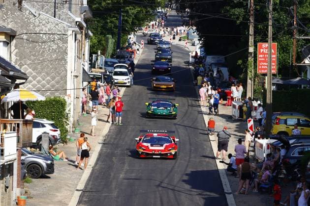 RECORD DATE NOT STATED 71 Frederik Schandorff (DNK) Malte Ebdrup (DNK) Simon Birch (DNK) Conrad Laursen (DNK), Ferrari 296 GT3 Evo, Team: Selected Car Racing (DNK) und 45 Rafael Duran (FRA) Dylan Medler (USA) David Perel (ZAF) Alessandro Balzan (USA), Ferrari 296 GT3 Evo, Team: Rinaldi Racing (GER) bei der Parade in den Strassen von Spa BEL, Motorsport, CrowdStrike 24H Of Spa, Spa-Francorchamps, Circuit Spa-Francorchamps, Belgien, Mittwoch, Parade, 24.06.2026 BEL, Motorsport, CrowdStrike 24H Of Spa, Spa-Francorchamps, Circuit Spa-Francorchamps, Belgien, Mittwoch, Parade, 24.06.2026 Spa-Francorchamps *** 71 Frederik Schandorff DNK Malte Ebdrup DNK Simon Birch DNK Conrad Laursen DNK, Ferrari 296 GT3 Evo, Team Selected Car Racing DNK and 45 Rafael Duran FRA Dylan Medler USA David Perel ZAF Alessandro Balzan USA, Ferrari 296 GT3 Evo, Team Rinaldi Racing GER during the parade through the streets of Spa BEL, Motorsports, CrowdStrike 24H Of Spa, Spa Francorchamps, Spa Francorchamps Circuit, Belgium, Wednesday, parade, June 24, 2026 BEL, motorsports, CrowdStrike 24H of Spa, Spa Francorchamps, Spa-Francorchamps Circuit, Belgium, Wednesday, parade, June 24, 2026, Spa-Francorchamps Copyright: xEibner-Pressefoto JuergenxAugstx EP_JAT