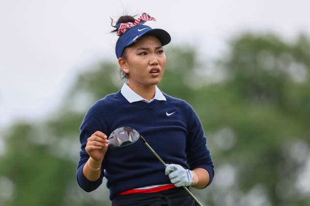 June 25, 2026, Chaska, Minnesota, United States: LUCY LI reacts to her drive at hole three. This is the first day of the 2026 KPMG WomenÃ¢â‚¬â ¢s PGA, Golf Herren Championship at Hazeltine National Golf Course in Chaska Minnesota. Chaska United States - ZUMAt166 20260625_zsp_t166_044 Copyright: xMichaelxTurnerx