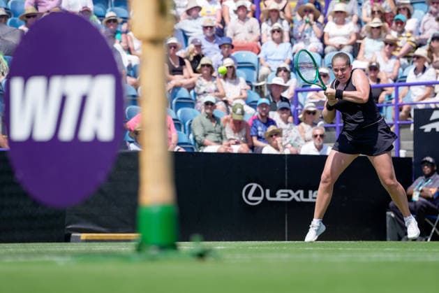 Lexus Eastbourne Open - Day Four Jelena Ostapenko of Latvia, the third seed, competes in a quarterfinal match against Zeynep Sonmez of Turkey at the 2026 Lexus Eastbourne Open Women s tennis tournament at the Devonshire Park Lawn Tennis Club in Eastbourne, England, on June 25, 2026. Eastbourne United Kingdom  Copyright: xOwenxHammondx originalFilename:hammond-2026lexu260625_np2Ux.jpg